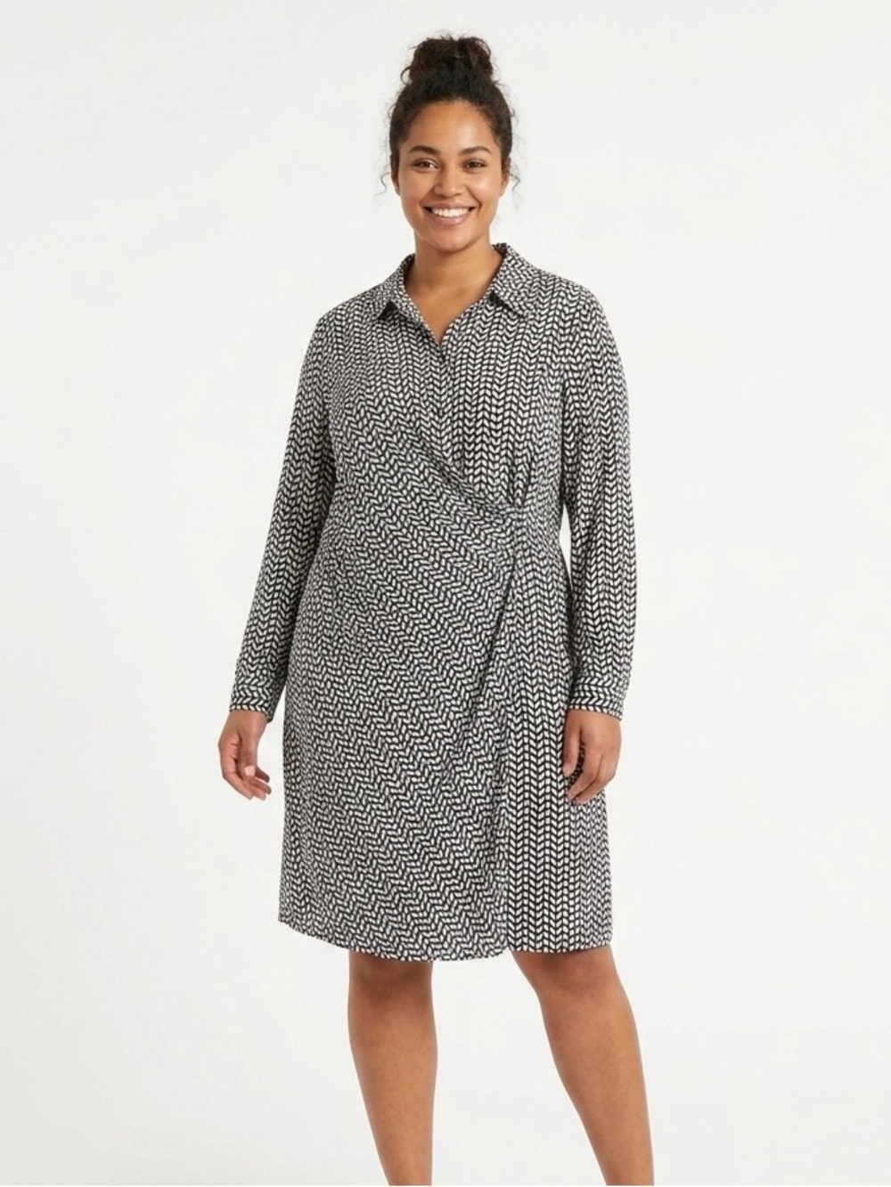 Black and White Printed Wrap-Front Shirt Dress